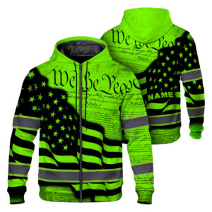 Hi Vis Zip Hoodie Reflective Green Neon Pattern Flag Custom Name Safety Workwear For Runners, Cyclists, Patriotic