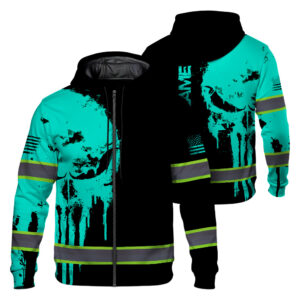 Hi Vis Zip Hoodie Reflective Mint Neon Skull US Flag Custom Name Safety Workwear For Workers, Runners, Truckers, Skull Lovers