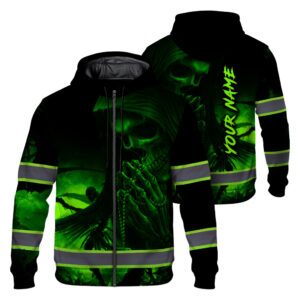 Hi Vis Zip Hoodie Reflective Skull Green Neon Custom Name Safety For Workers, Runners, Truckers, Skull Lovers