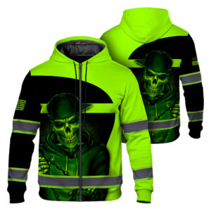 Hi Vis Zip Hoodie Reflective Skull US Flag Patriotic Green Neon Custom Name For Workers, Runners, Truckers, Patriotic, Skull Lovers