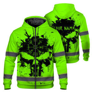 Hi Vis Zip Hoodie Reflective Tapes Green Neon Skull Viking Symbol Custom Name