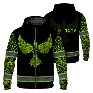 Hi Vis Zip Hoodie Reflective Tapes Green Neon Skull Viking Tattoo Custom Name