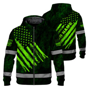 Hi Vis Zip Hoodie Reflective Tapes Green Neon USA Flag Custom Name