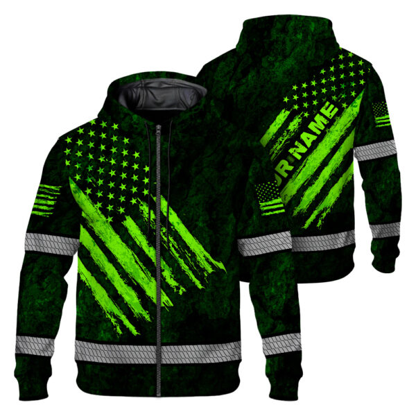 Hi Vis Zip Hoodie Reflective Tapes Green Neon USA Flag Custom Name 1