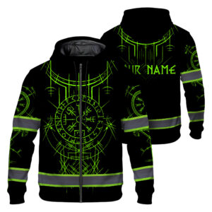 Hi Vis Zip Hoodie Reflective Tapes Green Neon Viking Symbol Custom Name