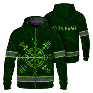 Hi Vis Zip Hoodie Reflective Tapes Green Neon Viking Symbol Custom Name Safety