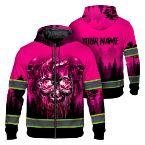 Hi Vis Zip Hoodie Reflective Tapes Skull Pink Neon Workwear Safety For Women Men Worker, Trucker, Operator, Skull Lovers, Drivers, Runners