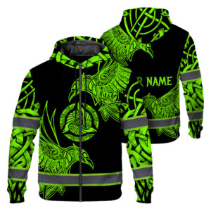 Hi Vis Zip Hoodie Reflective Tapes Viking Symbol Green Neon Custom Name