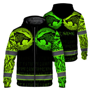 Hi Vis Zip Hoodie Reflective Tapes Wolf Tattoo Viking Symbol Green Neon