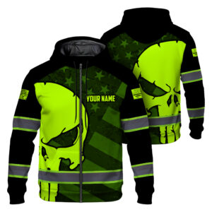 Hi Vis Zip Hoodie Skull USA Flag Custom Name Safety Workwear American Flag Neon Purple