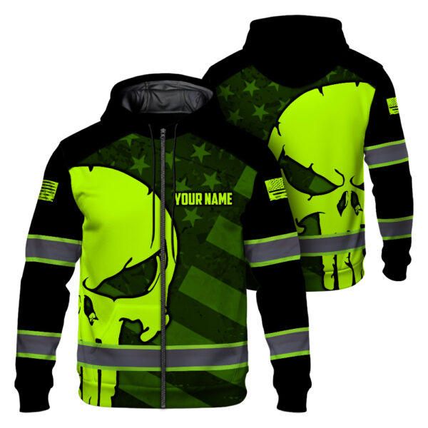 Hi Vis Zip Hoodie Skull USA Flag Custom Name Safety Workwear American Flag Neon Purple 1