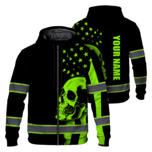 Hi Vis Zip Hoodie Skull USA Flag Orange Reflective High Visibility Custom Name Safety Workwear Short Sleeve Shirts 53