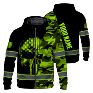 High Visibility Zip Hoodie Black Reflective Camo Skull US Flag Safety Workwear For Skull Lover