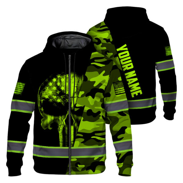 High Visibility Zip Hoodie Black Reflective Camo Skull US Flag Safety Workwear For Skull Lover 1