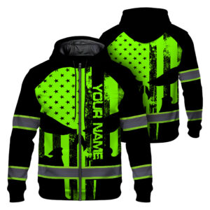 High Visibility Zip Hoodie Green Neon Skull America Flag Custom Name Safety Workwear For Skull Lover