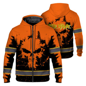 High Visibility Zip Hoodie Reflective Orange Neon Skull Custom Name Safety Workwear For Workers, Runners, Truckers, Skull Lovers