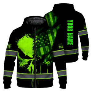 Personalized Hi Vis Zip Hoodie With Scratched Green Neon Skull And American Flag Graphics