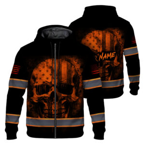 Zip Hoodie Hi Vis Reflective Orange Neon Skull USA Flag Custom Name For Workers, Runners, Truckers, Skull Lovers