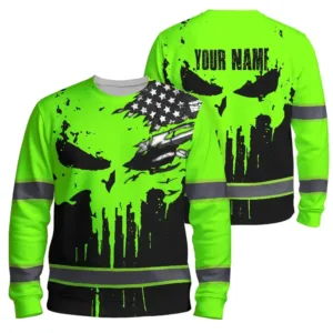 Custom Hi Vis Long Sleeve Featuring Skull Scratch US Flag And Personalized Name For Work Safety