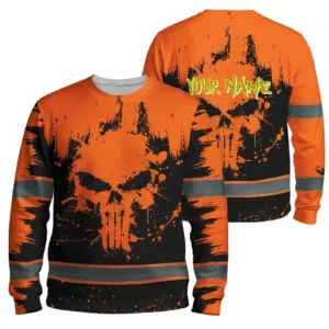 Custom Hi Vis Long Sleeve Shirt With Orange Neon Skull Design And Scratch Graphics