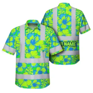 Hi Vis Hawaiian Shirt Reflective Tapes Blue Neon And Green Flowers Custom Name Safety Workwear For Workers, Truckers, Operators