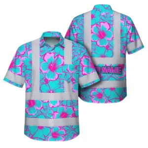 Hi Vis Hawaiian Shirt Reflective Tapes Blue Neon And Pink Flowers Custom Name Safety Workwear For Workers, Truckers, Operators