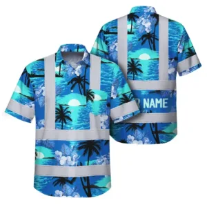 Hi Vis Hawaiian Shirt Reflective Tapes Blue Neon Flowers 4 Custom Name