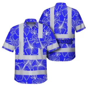 Hi Vis Hawaiian Shirt Reflective Tapes Blue Neon Flowers Custom Name Safety Workwear For Workers, Truckers, Operators