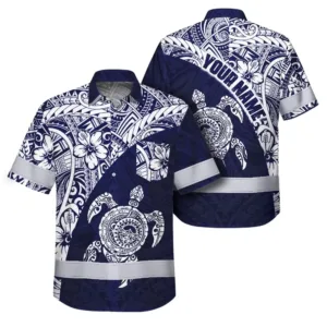 Hi Vis Hawaiian Shirt Reflective Tapes Blue White Turtle Hawaiian Polynesian Tribal