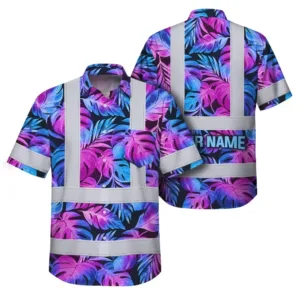 Hi Vis Hawaiian Shirt Reflective Tapes Gradient Blue Violet Custom Name Safety Workwear For Workers, Truckers, Operators
