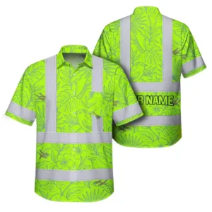 Hi Vis Hawaiian Shirt Reflective Tapes Green Grey Flowers Custom Name Safety Workwear For Workers, Truckers, Operators