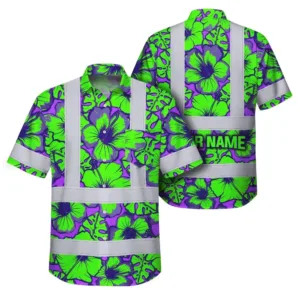 Hi Vis Hawaiian Shirt Reflective Tapes Green Neon And Violet Flowers Custom Name Safety Workwear For Workers, Truckers, Operators