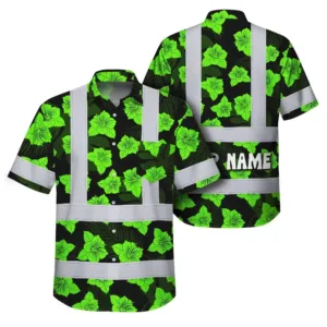 Hi Vis Hawaiian Shirt Reflective Tapes Green Neon Flowers 3 Custom Name