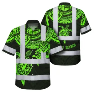 Hi Vis Hawaiian Shirt Reflective Tapes Green Turtle Flower Hawaiian Polynesian Tribal