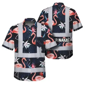 Hi Vis Hawaiian Shirt Reflective Tapes Hawaii Flamingo 2 Custom Name Safety Workwear For Workers, Truckers, Operators