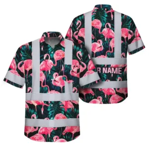 Hi Vis Hawaiian Shirt Reflective Tapes Hawaii Flamingo Custom Name Safety Workwear For Workers, Truckers, Operators