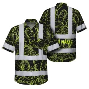 Hi Vis Hawaiian Shirt Reflective Tapes Lime Neon Flowers Custom Name Safety Workwear For Workers, Truckers, Operators
