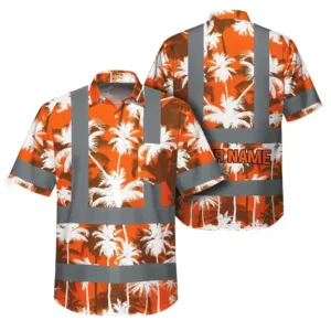 Hi Vis Hawaiian Shirt Reflective Tapes Orange Neon Flowers Custom Name Safety Workwear For Workers, Truckers, Operators