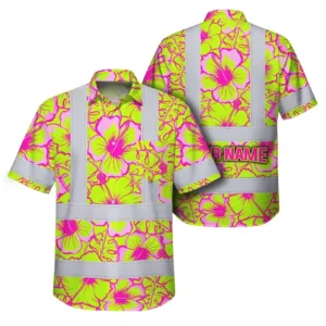 Hi Vis Hawaiian Shirt Reflective Tapes Pink Neon And Lime Flowers Custom Name Safety Workwear For Workers, Truckers, Operators