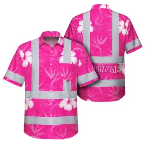 Hi Vis Hawaiian Shirt Reflective Tapes Pink Neon Flowers Custom Name Safety Workwear For Workers, Truckers, Operators