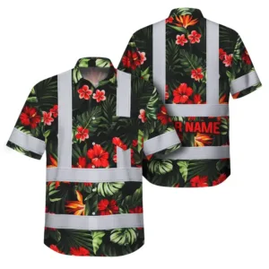 Hi Vis Hawaiian Shirt Reflective Tapes Red Neon Flowers Custom Name Safety Workwear For Workers, Truckers, Operators