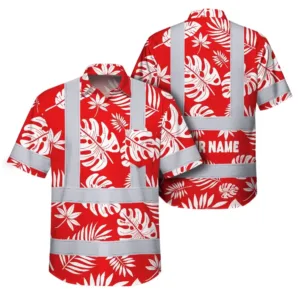 Hi Vis Hawaiian Shirt Reflective Tapes Red Neon Flowers Custom Name