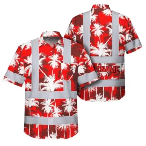Hi Vis Hawaiian Shirt Reflective Tapes Red Neon Flowers Custom Name Safety Workwear For Workers, Truckers, Operators
