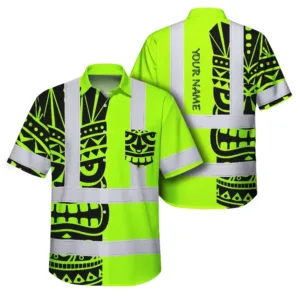 Hi Vis Hawaiian Shirt Reflective Tapes TiKi Hawaiian Polynesian Tribal Custom Name