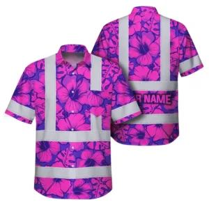 Hi Vis Hawaiian Shirt Reflective Tapes Violet Neon And Pink Flowers Custom Name Safety Workwear For Workers, Truckers, Operators