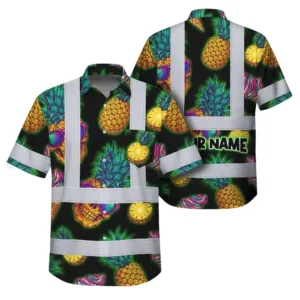 Hi Vis Hawaiian Shirt Reflective Tapes Yellow Neon Skull Custom Name Safety Workwear For Workers, Truckers, Operators