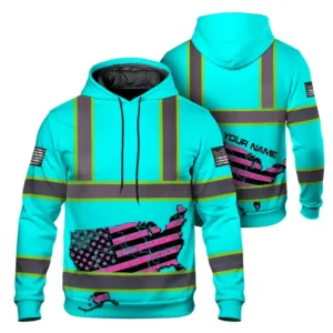 Hi Vis Hoodie Reflective Tapes Blue Map US Flag Scratch Custom Name Safety Workwear For Workers, Runners, Cyclists