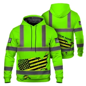 Hi Vis Hoodie Reflective Tapes Green Map US Flag Scratch Custom Name Safety Workwear For Workers, Runners, Cyclists