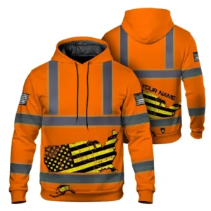 Hi Vis Hoodie Reflective Tapes Orange Map US Flag Scratch Custom Name Safety Workwear For Workers, Runners, Cyclists
