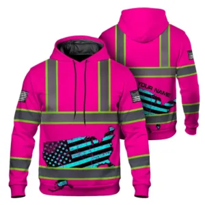 Hi Vis Hoodie Reflective Tapes Pink Map US Flag Scratch Custom Name Safety Workwear For Workers, Runners, Cyclists